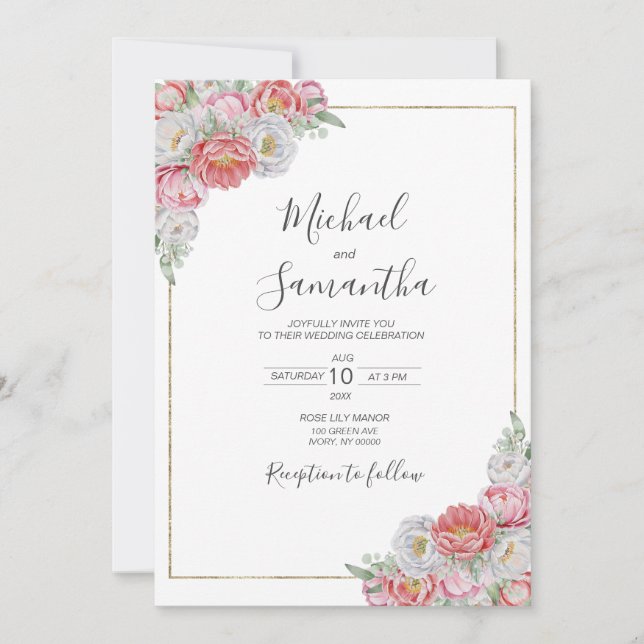 Convites Casamento com Peônia Rosa e Branca (Frente)