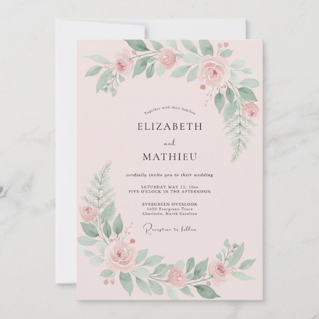 Convites Casamento com Peônia Rosa Menta (Frente)