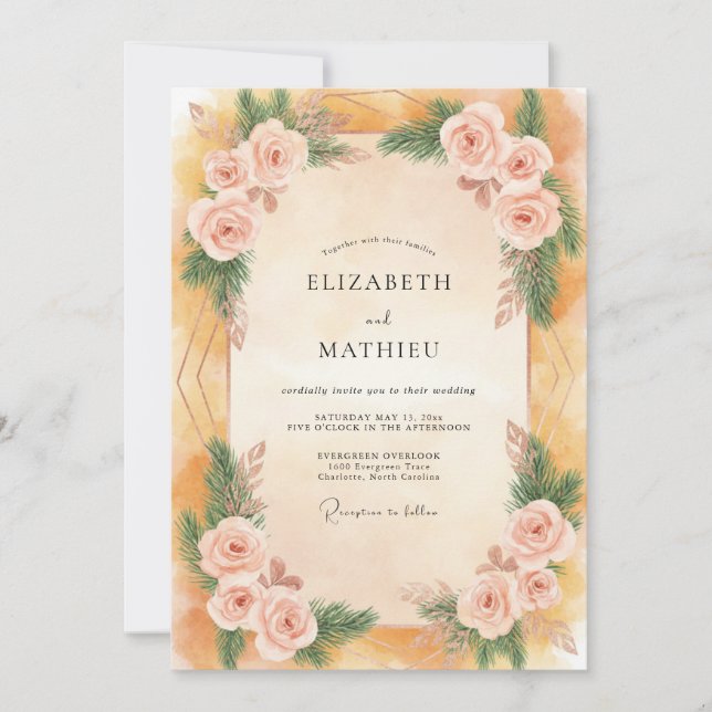 Convites Casamento com Peônia Rosa Ocre (Frente)