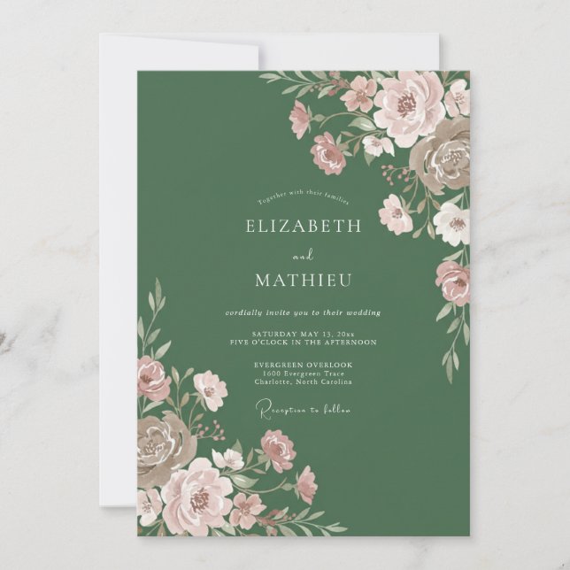 Convites Casamento com Peônia Rosa Sage (Frente)