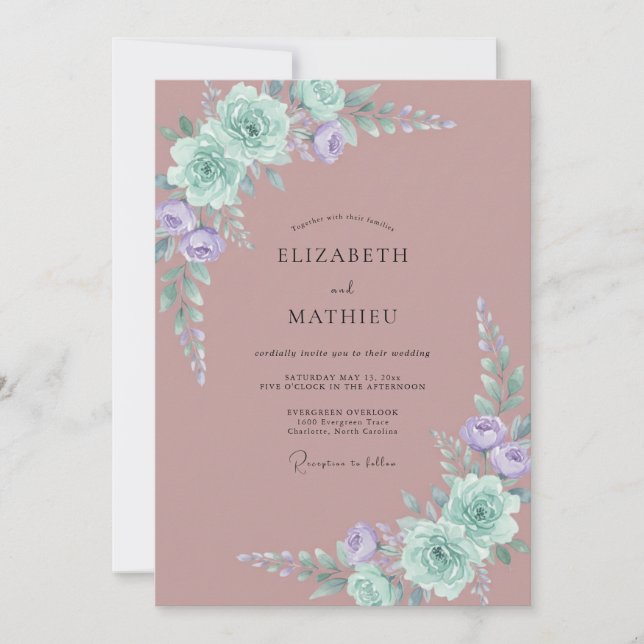 Convites Casamento com Peônia Rosa Velho Desbotado (Frente)