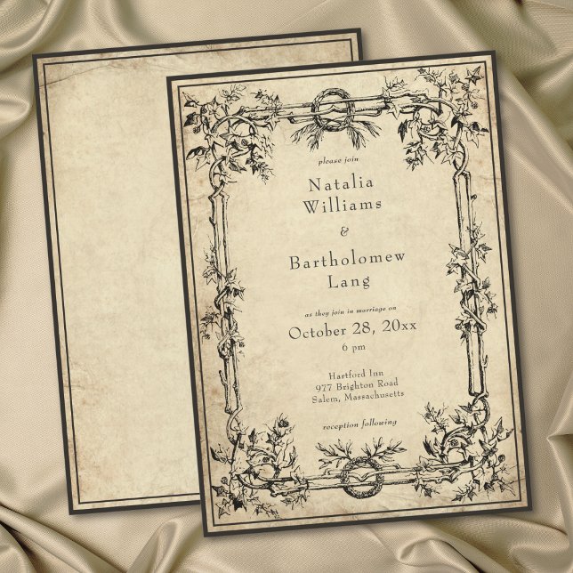 Convites Casamento com Pergaminho de Hera Medieval Gótico V (Vintage Gothic Medieval Ivy Parchment Wedding Invitation)