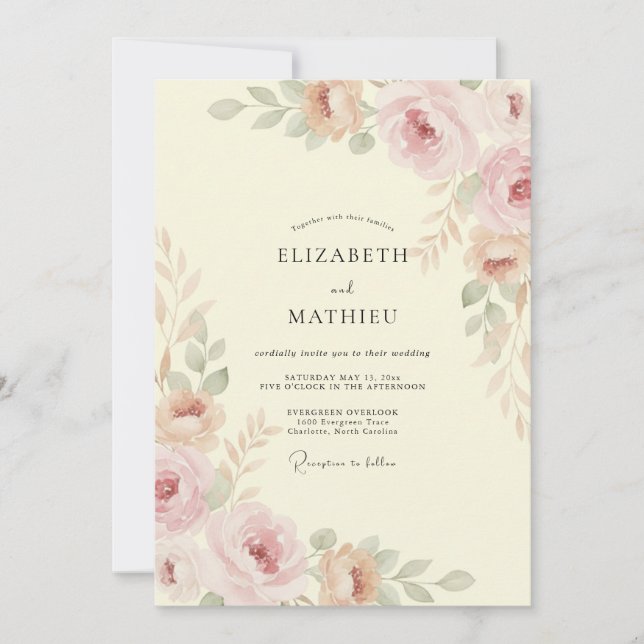 Convites Casamento com Pétala de Apricot Champagne Suave (Frente)