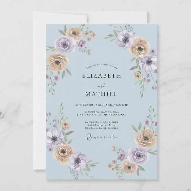 Convites Casamento com Pétala de Lilás Champanhe Suave (Frente)
