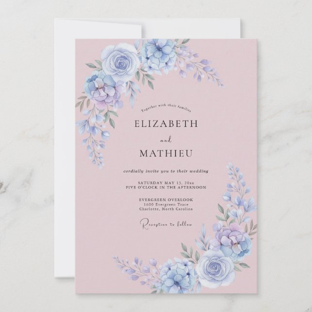 Convites Casamento com Pétala de Mauve Empoeirado e Periwin (Frente)
