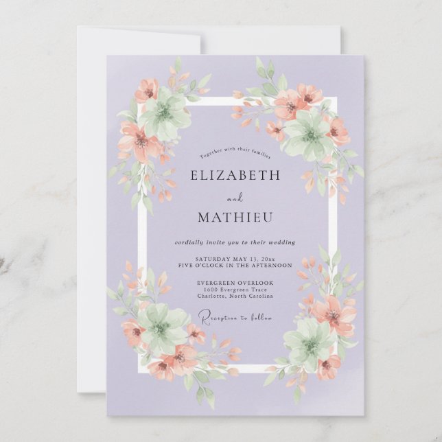 Convites Casamento com Pétala de Periwinkle de Pêssego Quen (Frente)