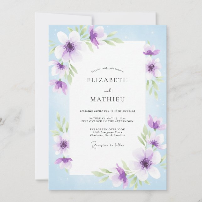 Convites Casamento com Pétala de Periwinkle Lavanda Suave (Frente)