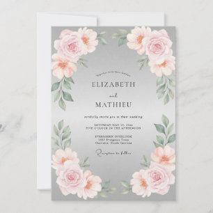 Convites Casamento com Pétala de Prata e Folhas Rosadas
