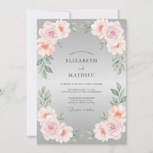 Convites Casamento com Pétala de Prata e Folhas Rosadas (Frente)