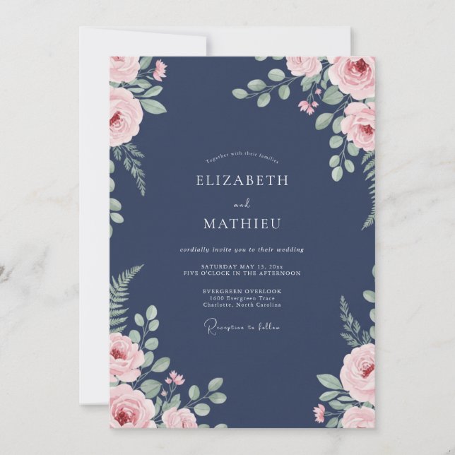 Convites Casamento com Pétala Folhosa Azul-Marinho (Frente)