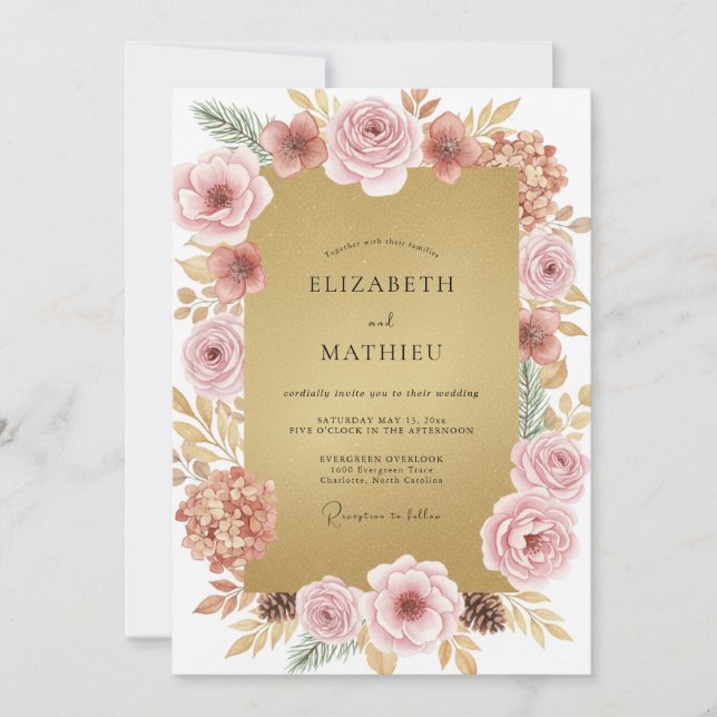 Convites Casamento com Pétala Rosa Poeira Dourada (Frente)