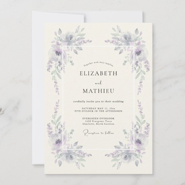 Convites Casamento com Pincelada de Florada Lilás (Frente)
