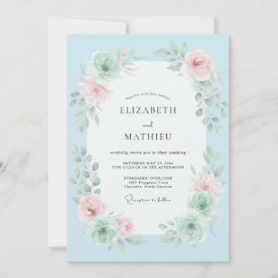 Convites Casamento com Pincelada Floral Azul Céu