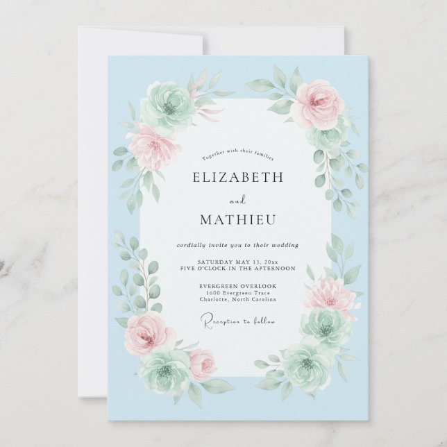 Convites Casamento com Pincelada Floral Azul Céu (Frente)