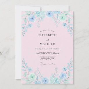 Convites Casamento com Pincelada Floral Azul Claro