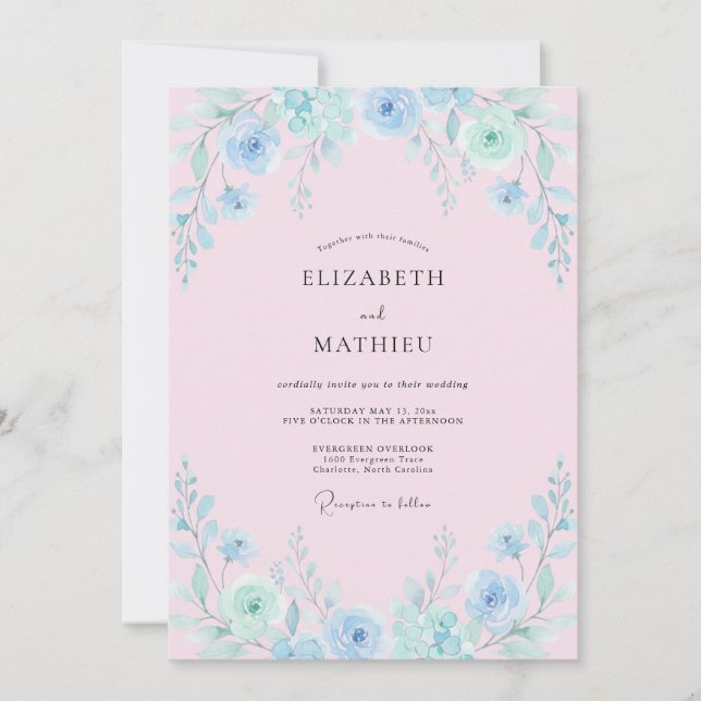 Convites Casamento com Pincelada Floral Azul Claro (Frente)
