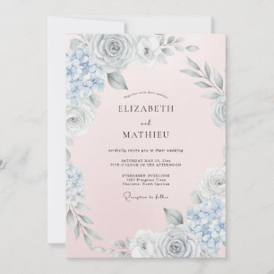 Convites Casamento com Pincelada Floral Cinza Azul