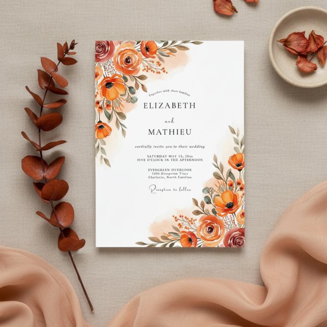 Convites Casamento com Pincelada Floral Laranja (Criador carregado)
