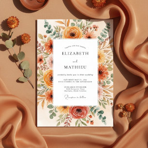 Convites Casamento com Pincelada Floral Laranja Queimada