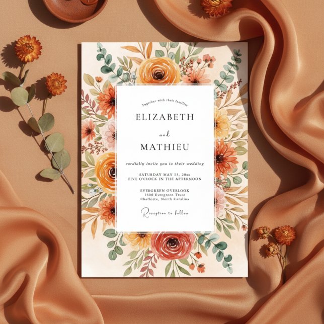 Convites Casamento com Pincelada Floral Laranja Queimada (Criador carregado)