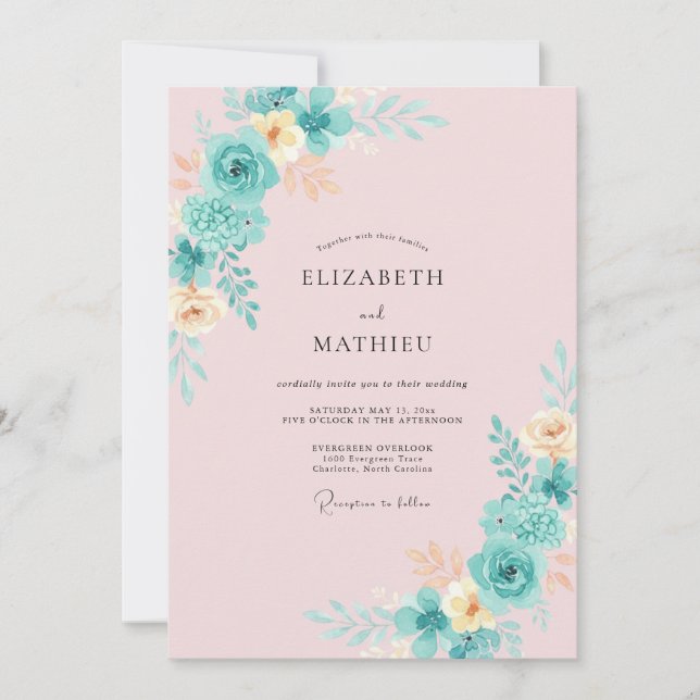 Convites Casamento com Pincelada Floral Turquesa (Frente)