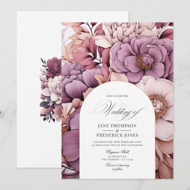 Convites Casamento com Plum, Cinza, Cobre e Rosa Empoeirado (Frente/Verso)