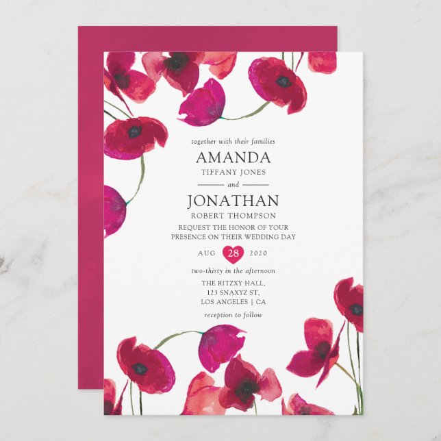 Convites Casamento com Poppy Red Watercolor (Frente/Verso)
