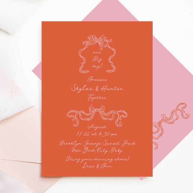 Convites Casamento com Porteiro Retro Laranja e Rosa (Criador carregado)