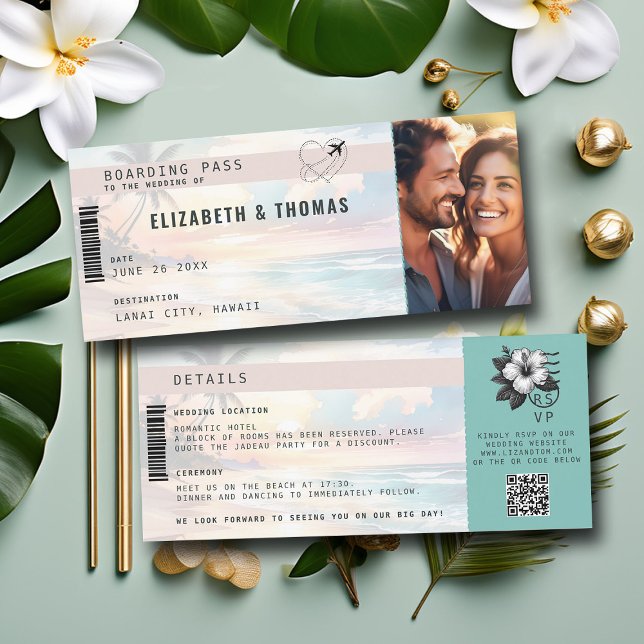 Convites Casamento com Praia de Bilhetes de Avião de Destin (destination wedding tropical beach sunset boarding pass invitation photo template elegant modern)