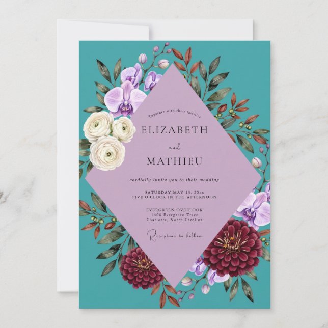 Convites Casamento com Protea Eucalipto Roxo Azul (Frente)