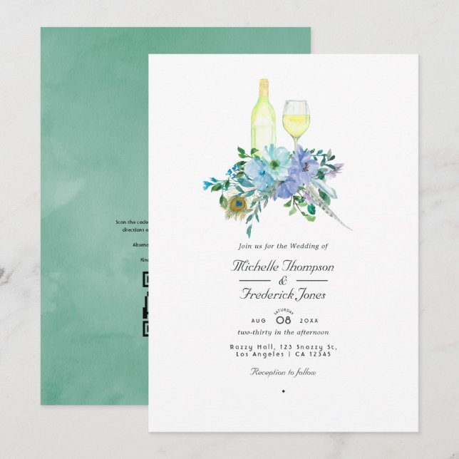 Convites Casamento com Provando de vinho de mint e Blue Boh (Frente/Verso)