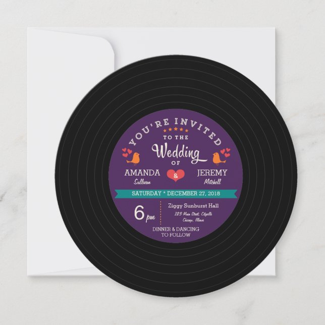 Convites Casamento com Purple e Aqua, Retro-Vinil Moderno (Frente)