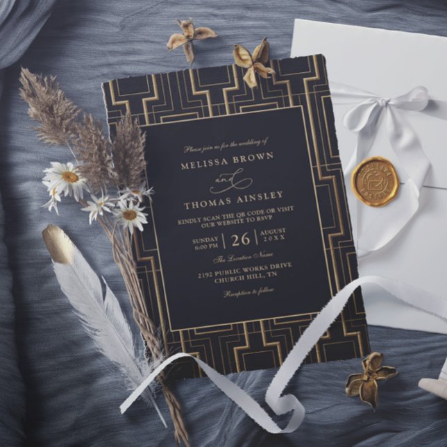 Convites Casamento com QR Code Art Déco Preto e Dourado de  (Criador carregado)