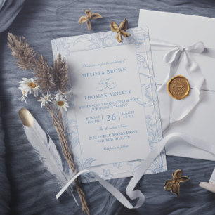 Convites Casamento com QR Code Azul Floral Vintage Elegante