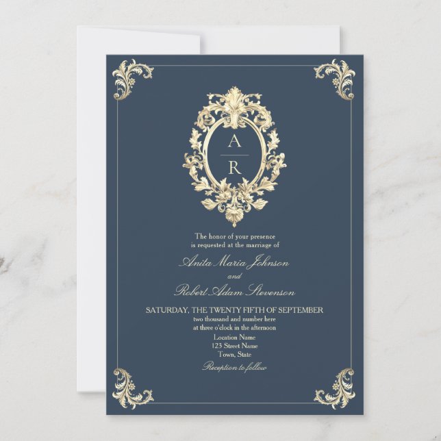 Convites Casamento com QR Code Azul Marinho Elegante (Frente)