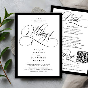 Convites Casamento com QR code de caligrafia elegante cláss