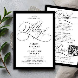 Convites Casamento com QR code de caligrafia elegante cláss