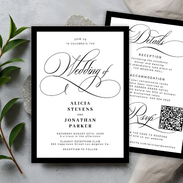 Convites Casamento com QR code de caligrafia elegante cláss (Criador carregado)