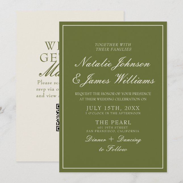 Convites Casamento com QR Code de Dinheiro Antigo em Verde  (Frente/Verso)