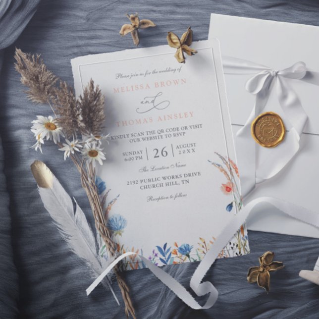 Convites Casamento com QR Code de Flores Silvestres Azuis e (Criador carregado)