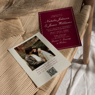 Convites Casamento com QR Code de Foto Burgundy Clássico