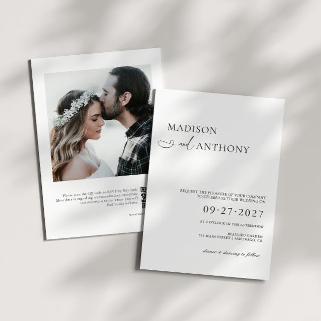 Convites Casamento com QR Code e Foto Moderno e Minimalista (Criador carregado)
