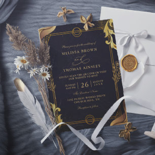 Convites Casamento com QR Code Elegante Dourado e Preto den