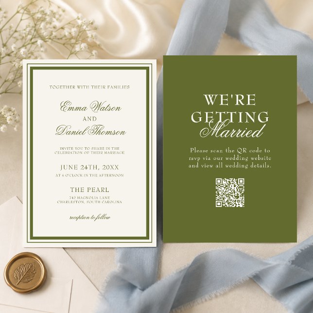 Convites Casamento com QR Code em Verde Oliva Elegante (Elegant olive green QR code wedding invitation makes sharing details simple and stylish.)