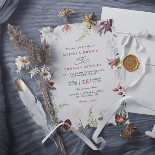 Convites Casamento com QR Code Floral Moderno Burgundy Eleg