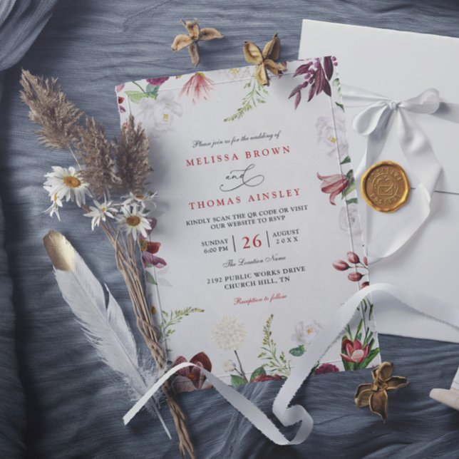 Convites Casamento com QR Code Floral Moderno Burgundy Eleg (Criador carregado)