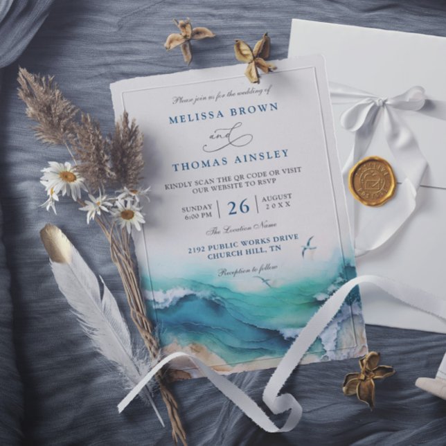 Convites Casamento com QR Code no Destino de Praia Costeira (Criador carregado)
