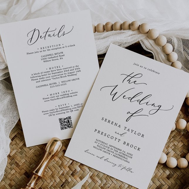 Convites Casamento com QR Code Preto Delicado Tudo Em Um (Delicate Black All In One QR Code Wedding Invitation)