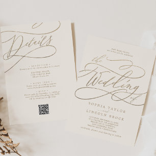 Convites Casamento com QR Code Romântico Ouro e Marfim Tudo