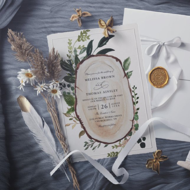 Convites Casamento com QR Code Rústico de Folhagem Fazenda  (Criador carregado)